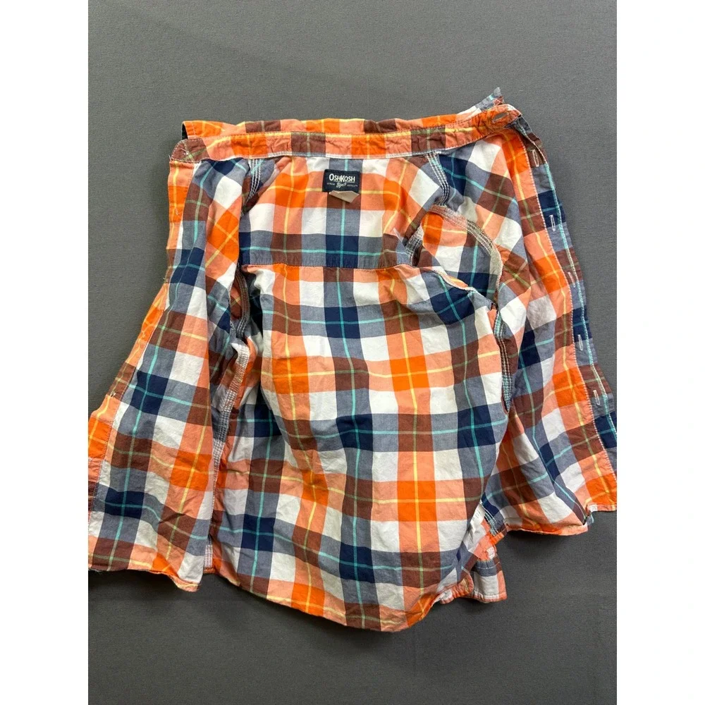 OshKosh Bgosh Boys Orange‎ Navy Blue Plaid Button Down Shirt Size 7 Long Sleeve